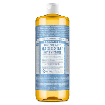 Pure-Castile Magic Liquid Soap - Made with Regenerative Organic Certified Oils - 18-In-1 Uses for Face, Body, Hand Gentle on Baby & Sensitive Skin Body Wash Unscented,32Oz