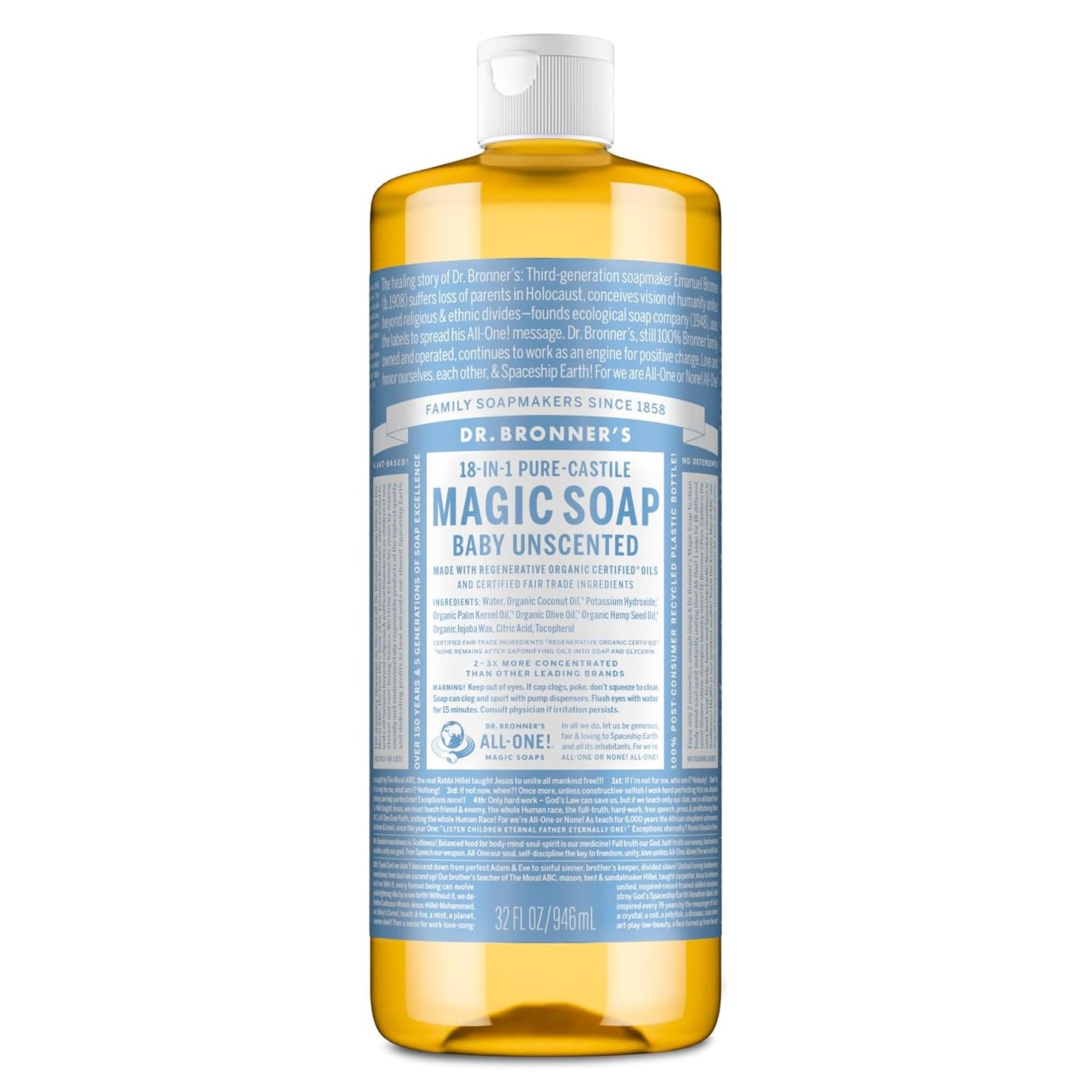 Pure-Castile Magic Liquid Soap - Made with Regenerative Organic Certified Oils - 18-In-1 Uses for Face, Body, Hand Gentle on Baby & Sensitive Skin Body Wash Unscented,32Oz
