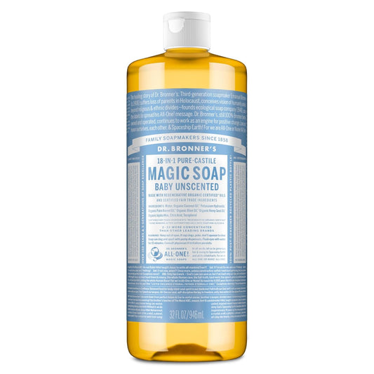 Pure-Castile Magic Liquid Soap - Made with Regenerative Organic Certified Oils - 18-In-1 Uses for Face, Body, Hand Gentle on Baby & Sensitive Skin Body Wash Unscented,32Oz