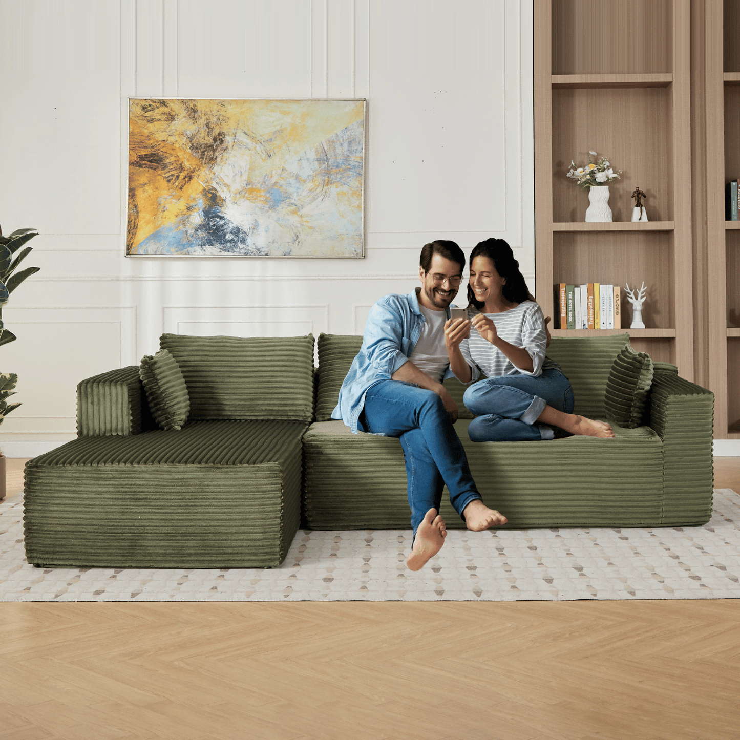 Compression Sectional Couch with Comfy Chaise, Boneless L Shape Sofa with Deep Seat, Minimalist Modular Couches Sleeper for Living Room Bedroom Apartment Lounge,corduroy