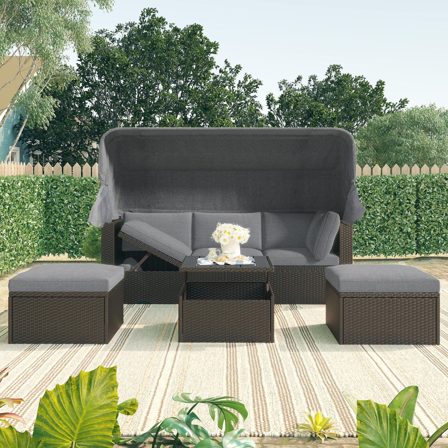 Outdoor Patio Rectangle Daybed With Retractable Canopy, Wicker Furniture Sectional Seating With Washable Cushions, Backyard, Porch - Gray