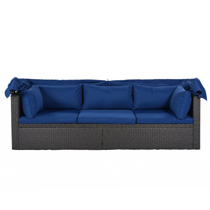 Outdoor Patio Rectangle Daybed With Retractable Canopy, Wicker Furniture Sectional Seating With Washable Cushions, Backyard, Porch - Gray