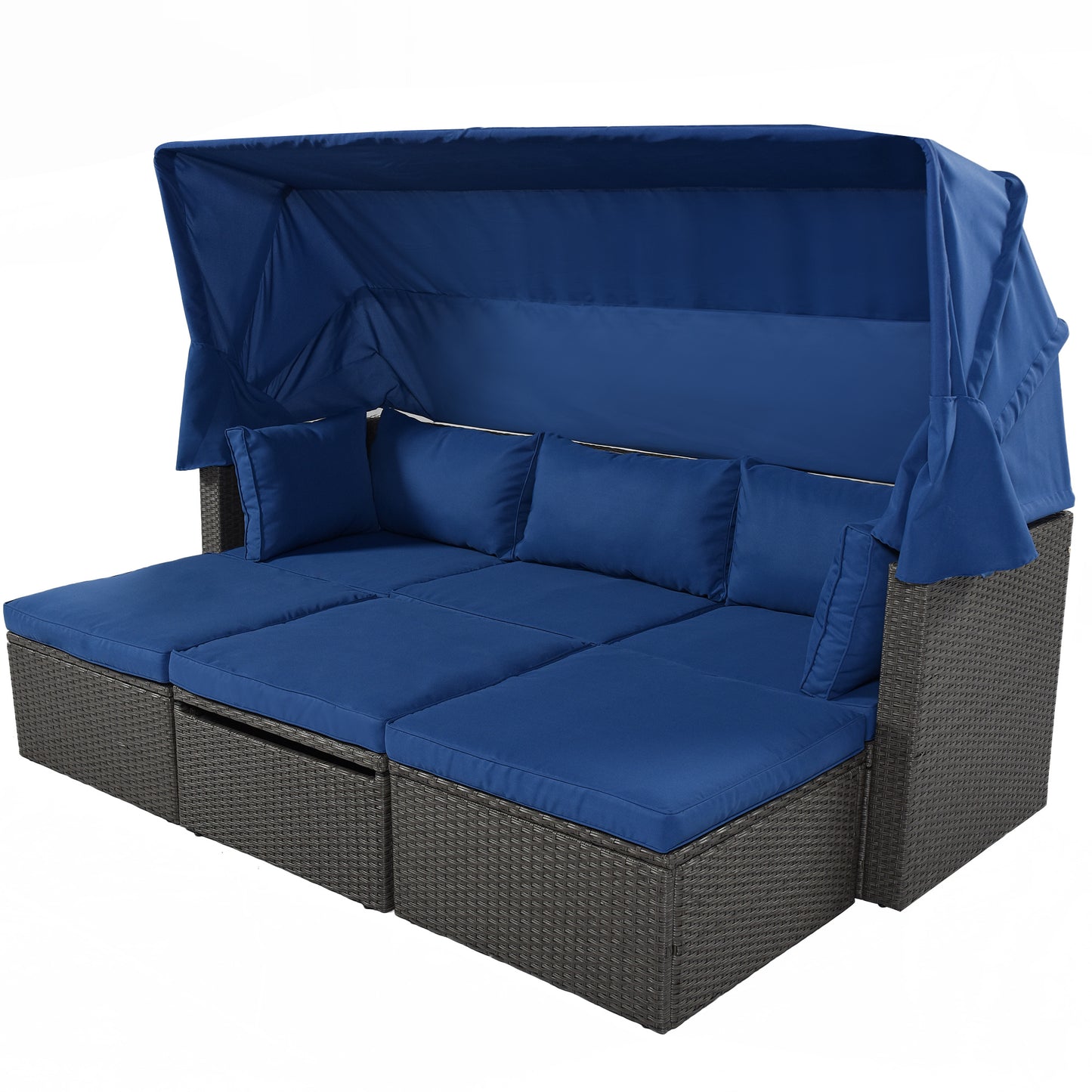 Outdoor Patio Rectangle Daybed With Retractable Canopy, Wicker Furniture Sectional Seating With Washable Cushions, Backyard, Porch - Gray