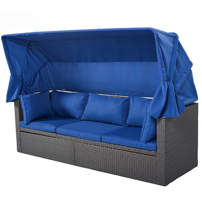 Outdoor Patio Rectangle Daybed With Retractable Canopy, Wicker Furniture Sectional Seating With Washable Cushions, Backyard, Porch - Gray