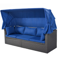 Outdoor Patio Rectangle Daybed With Retractable Canopy, Wicker Furniture Sectional Seating With Washable Cushions, Backyard, Porch - Gray